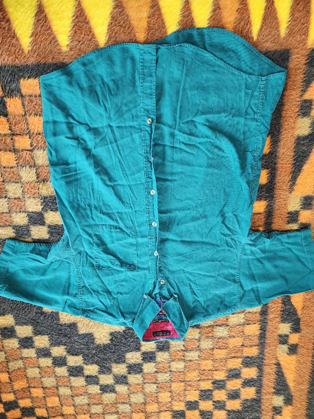 Alexander Julian Colours Button‑Up Shirt Teal/Red/Plad Trim | Size M (Fits L)